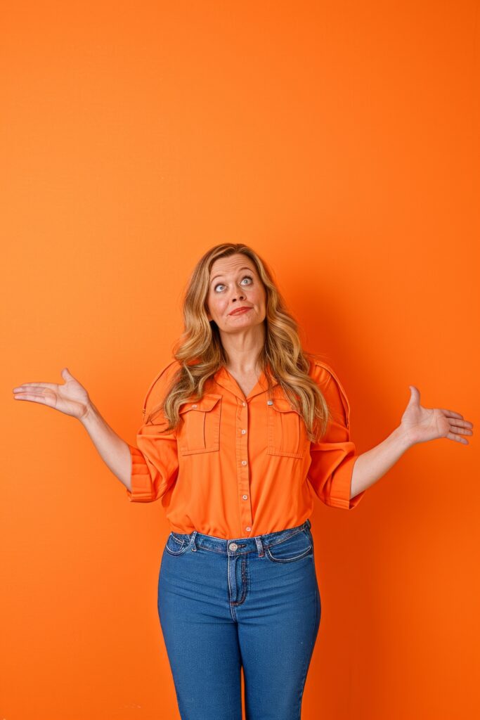 Mujer con camisa naranja y vaqueros, de pie y apoyada contra una pared naranja